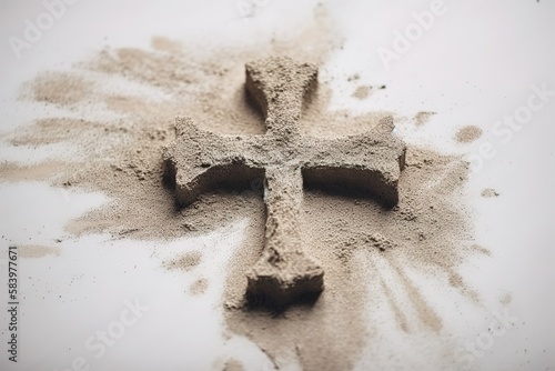 Christian cross or crucifix drawing in ash, dust or sand as symbol of religion, sacrifice, redemtion, Jesus Christ, ash wednesday, lent, Good Friday. Generative AI photo