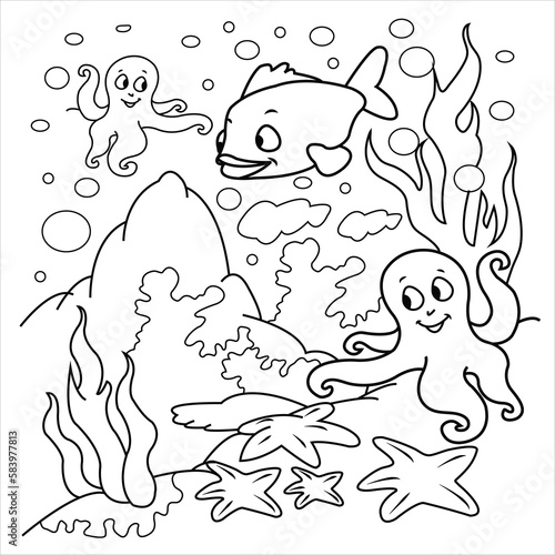 Vector sea life coloring page for kids and adult illustration art