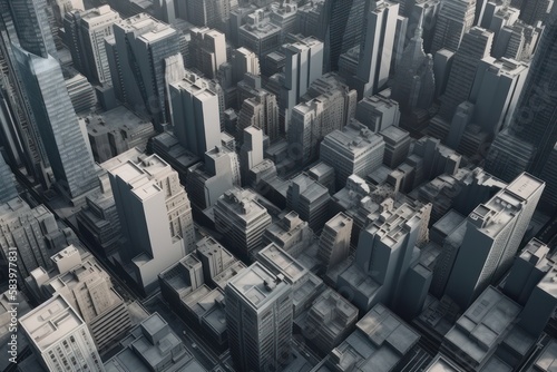 Exploring the concrete jungle: An aerial tour of the urban skyscrapers in the heart of downtown city, generative ai