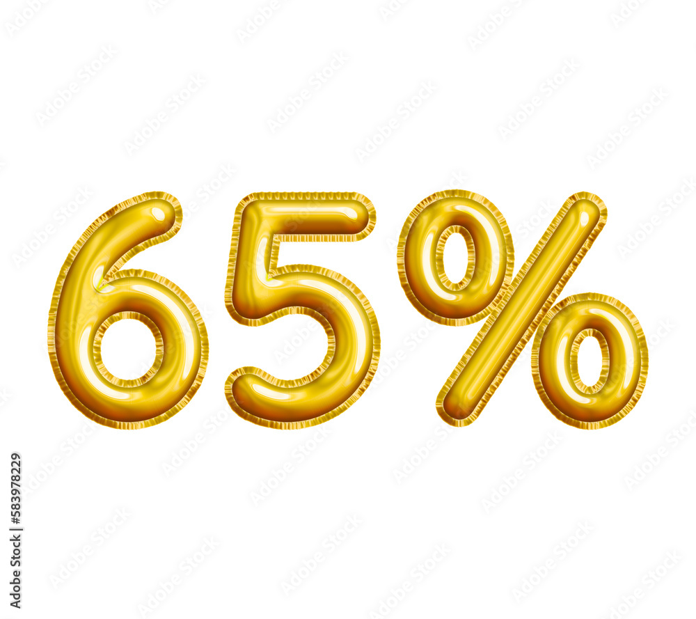 65% or Sixty-five Percent 3D Gold Balloon. You can use this asset for your content Marketing like as Promotion, Advertisement, Ads,  Banner, Flyer, Discount Card and anymore.
