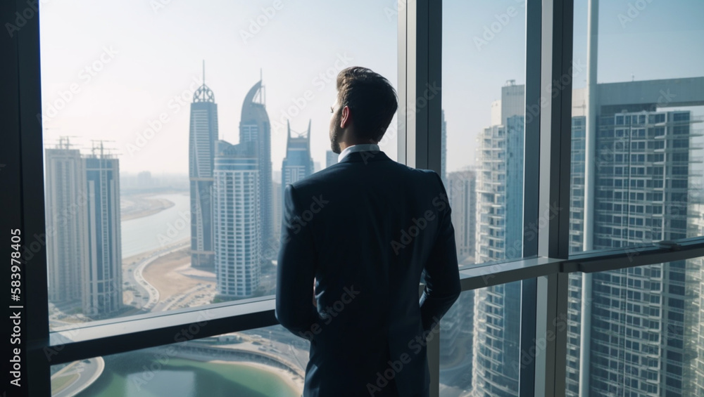 Business man looking out through the office window, Generative AI Business man looking out through the office window, Generative AI