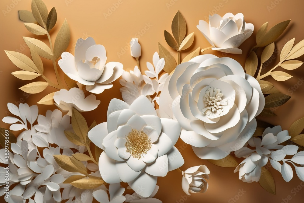 paper flowers on a brown background with leaves and flowers on it. generative ai paper flowers on a brown background with leaves and flowers on it. generative ai