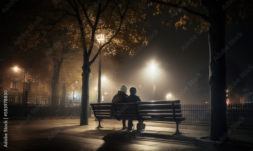  two people sitting on a park bench at night in the fog.  generative ai