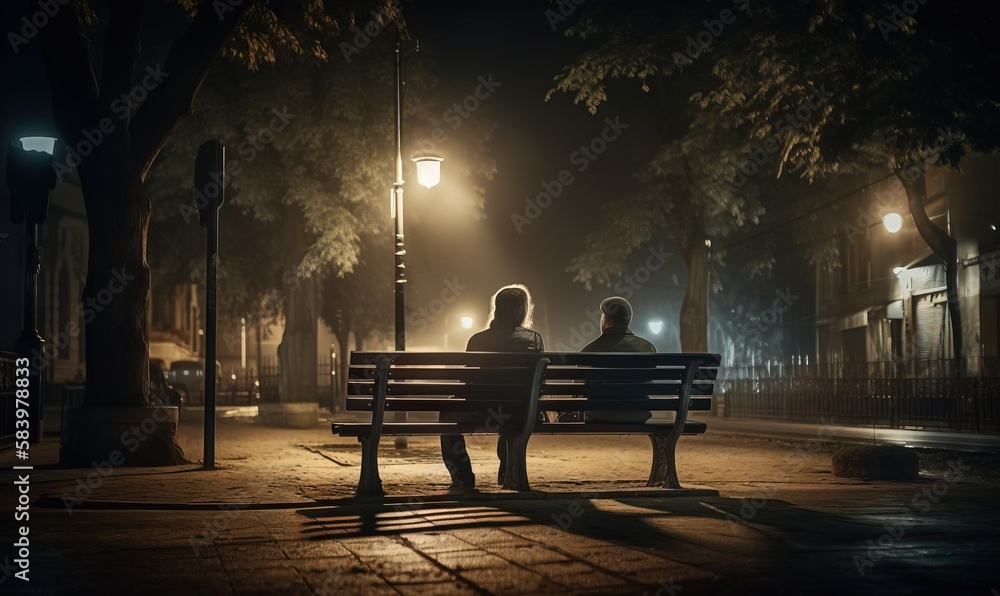  two people sitting on a bench at night in the city.  generative ai