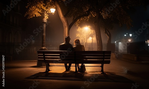 a couple sitting on a bench at night under a street light. generative ai