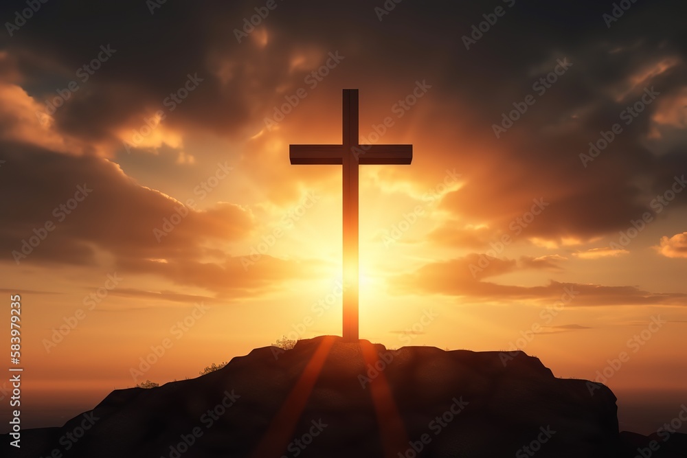 Cross of jesus The background of the setting sun is about to turn down Christian religious concepts of faith and faith in god. Generative AI Cross of jesus The background of the setting sun is about to turn down Christian religious concepts of faith and faith in god. Generative AI