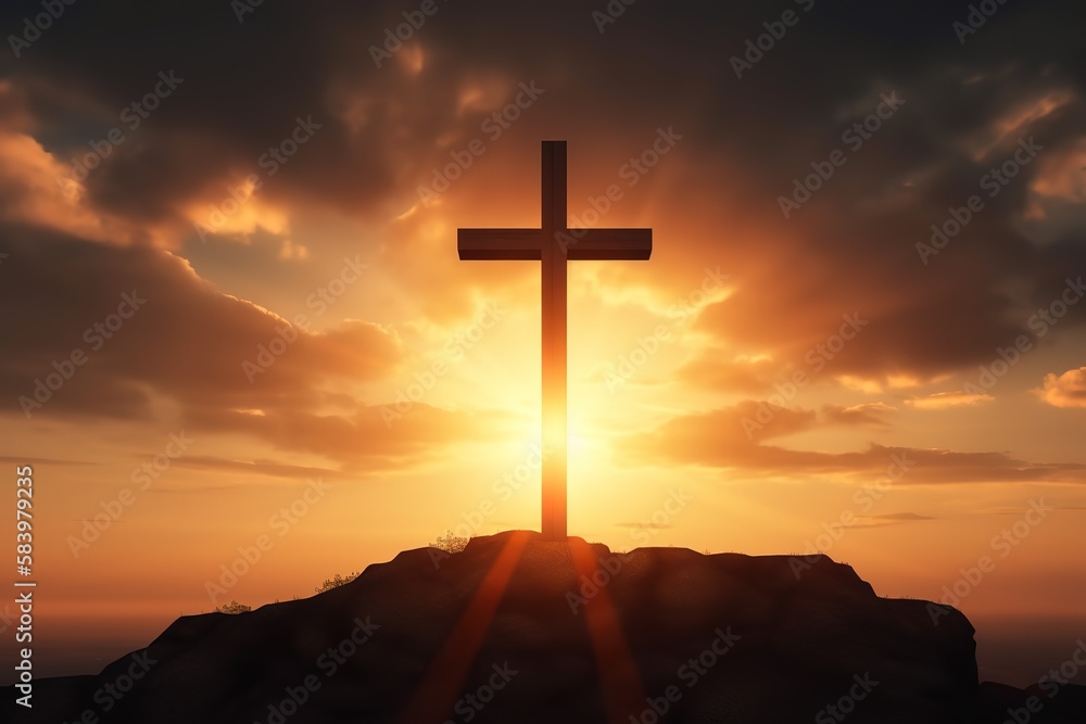 Cross of jesus The background of the setting sun is about to turn down Christian religious concepts of faith and faith in god. Generative AI