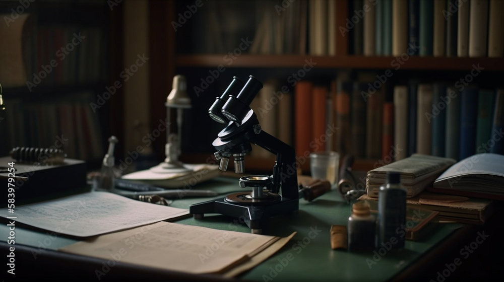 Microscope, books and other items on the table in the library.generative ai