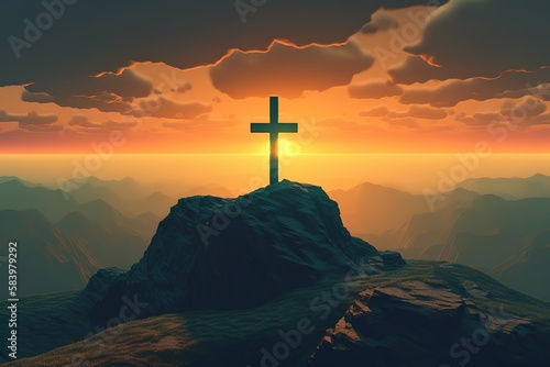 Cross of jesus The background of the setting sun is about to turn down Christian religious concepts of faith and faith in god. Generative AI