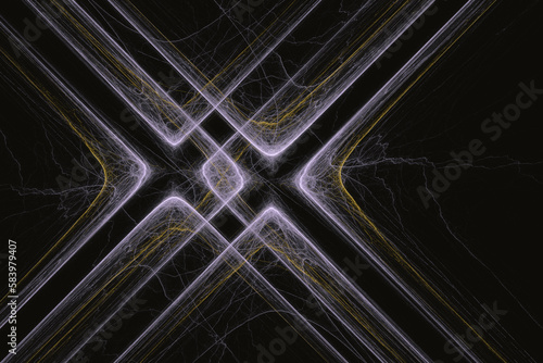 Purple orange double cross pattern of crooked waves on a black background. Abstract fractal 3D rendering photo