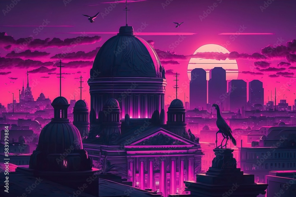 Helsinki skyline in a purple and pink neon cyberpunk future. Generative AI