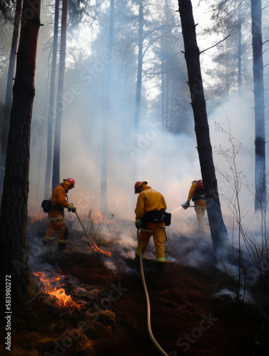 Firefighters working in the forest. Brave professional firefighters in safety suits. Generative AI.