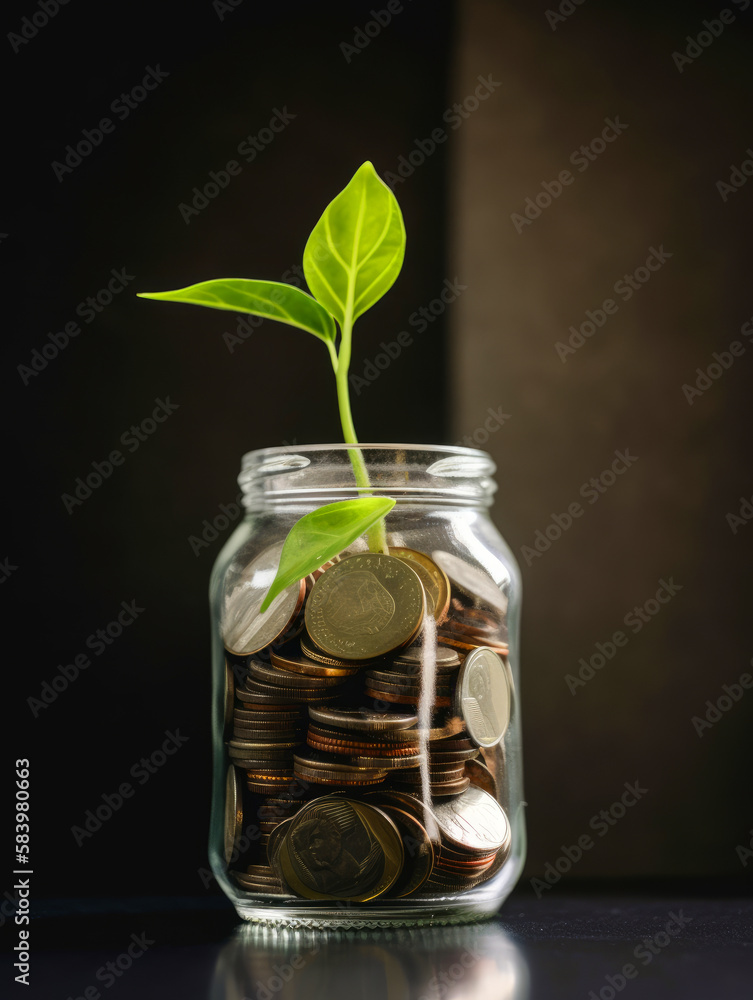 Plant growing in the jar with coins. Tree planting in savings jar. Generative AI. Plant growing in the jar with coins. Tree planting in savings jar. Generative AI.