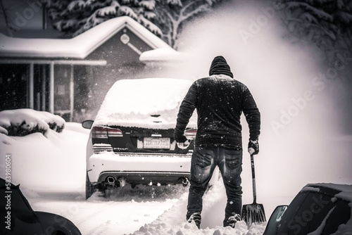 Man with shovel removing snow from car. Generative AI.