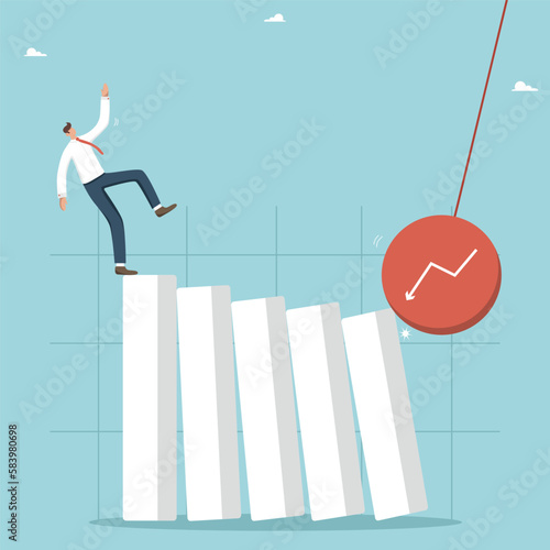 Economic crisis or recession, inflation and bankruptcy, unexpected force majeure, stock and investment crash, a wrecking ball hits and knocks down the graph columns, and a man falls from it.