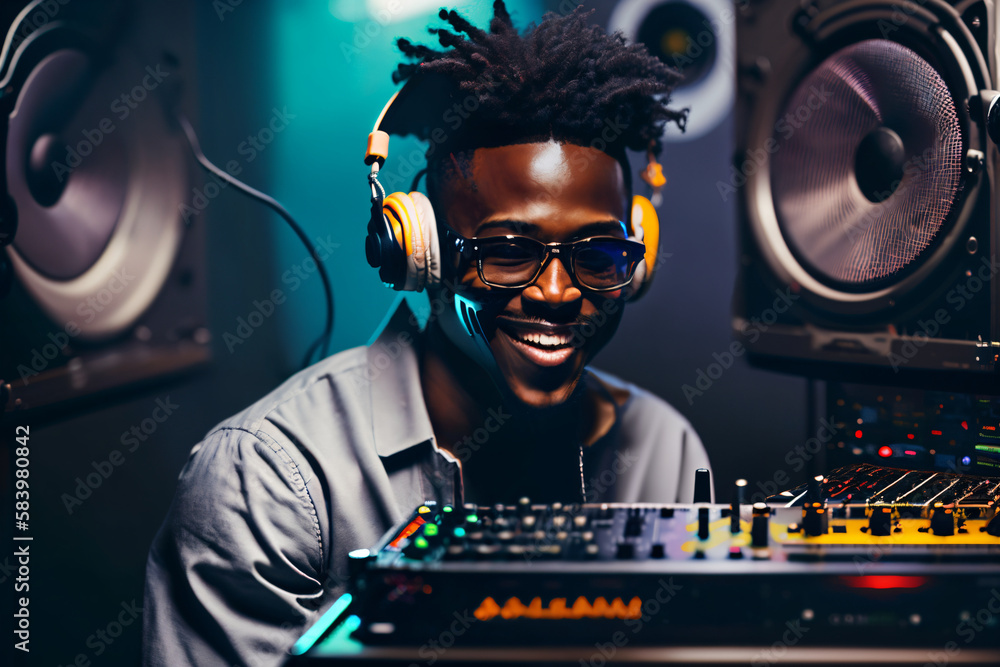 Professional african american DJ in headphones with sound mixer in nightclub. Generative ai. Professional african american DJ in headphones with sound mixer in nightclub. Generative ai.
