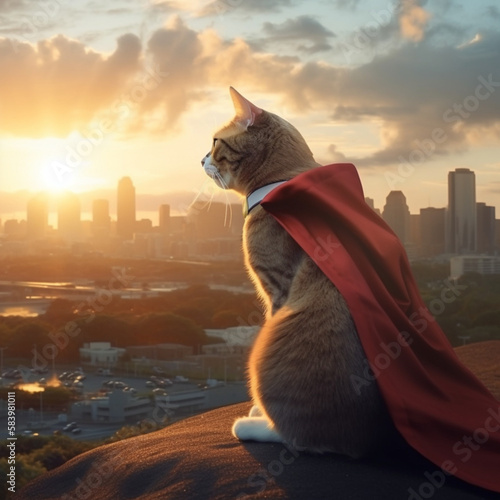 マントを羽織った猫は夕日を浴びながら黄昏る｜ A cat in a cape twinkles in the setting sun. Generative AI