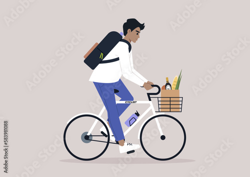 Young male Hispanic character combining cycle exercise and errands, balancing groceries in a crate and embracing sustainability