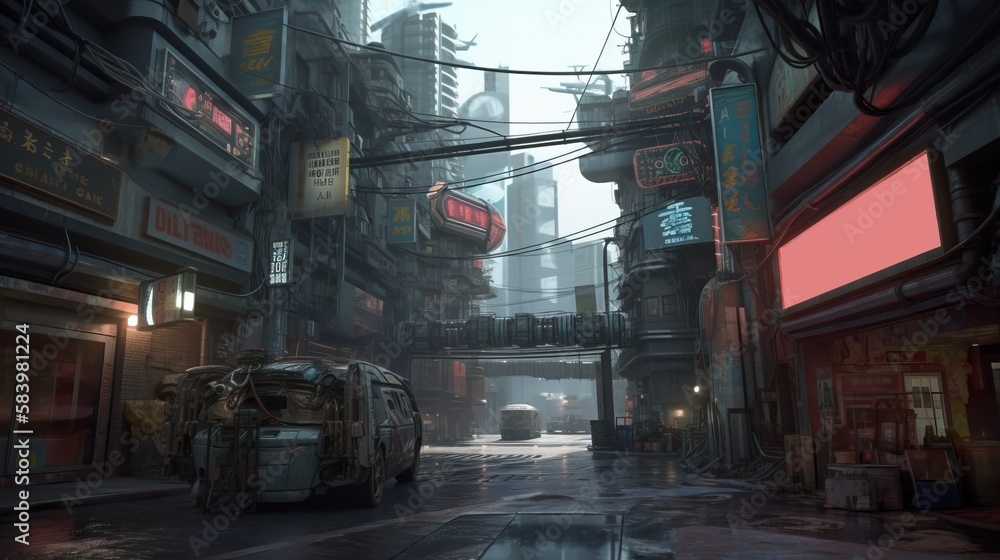 Dark futuristic city in the style of cyberpunk. Gloomy street with neon lights and glowing billboards. Beautiful night cyberpunk cityscape. Generative AI illustration.