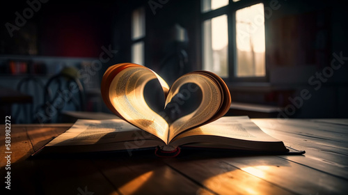 Open book with heart shape on wooden table. generative ai