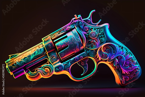 An abstract design of a gun painted with watercolors on black background photo