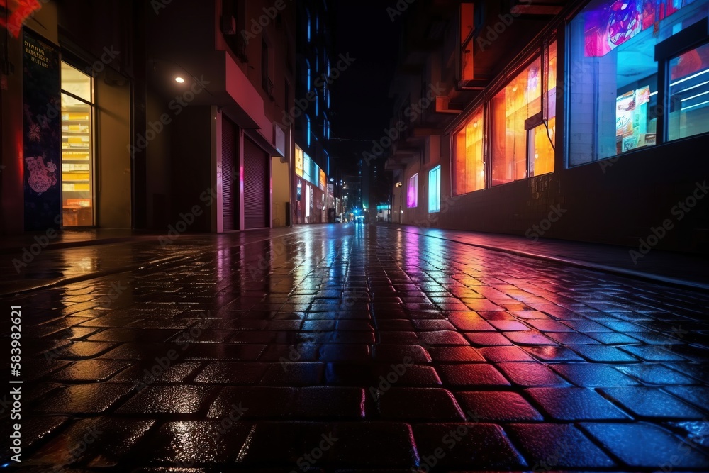  a city street at night with brightly colored lights on the windows.  generative ai