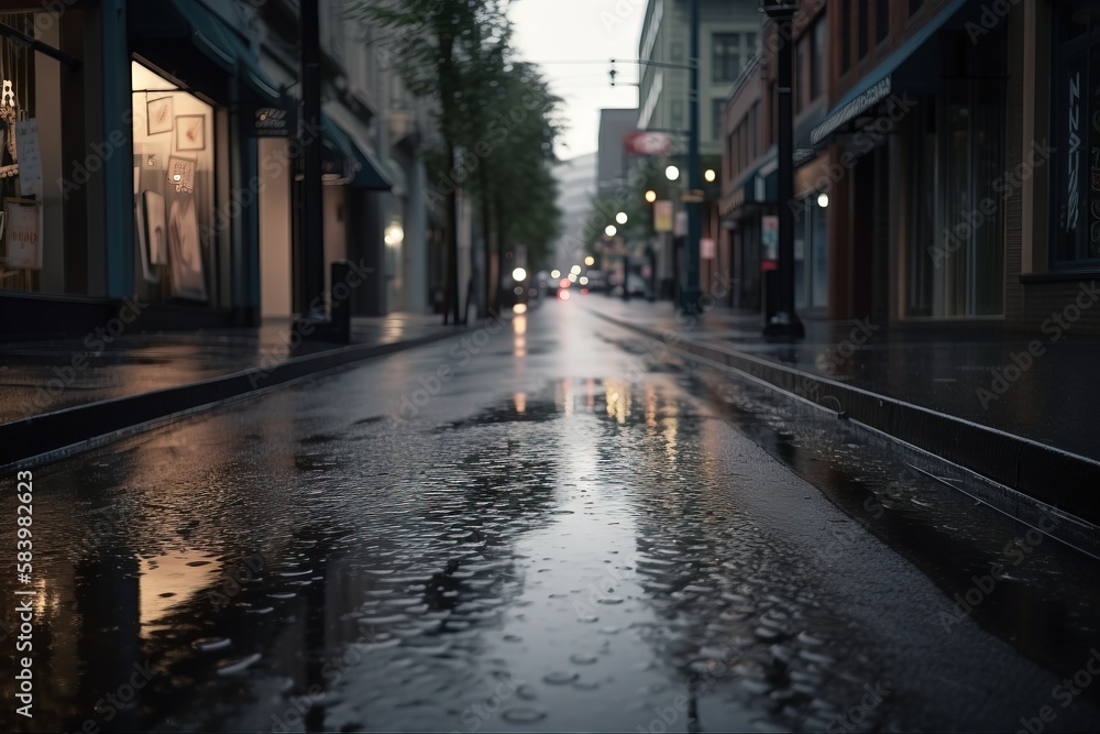  a wet street with a few buildings on the side of it.  generative ai