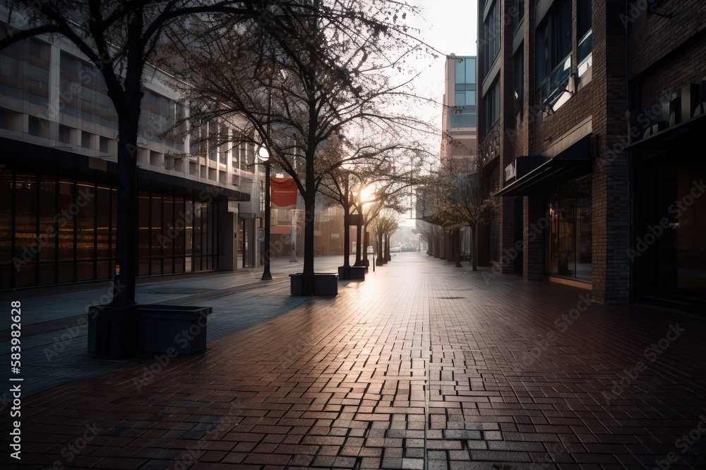  a brick street with trees and buildings on both sides of it.  generative ai