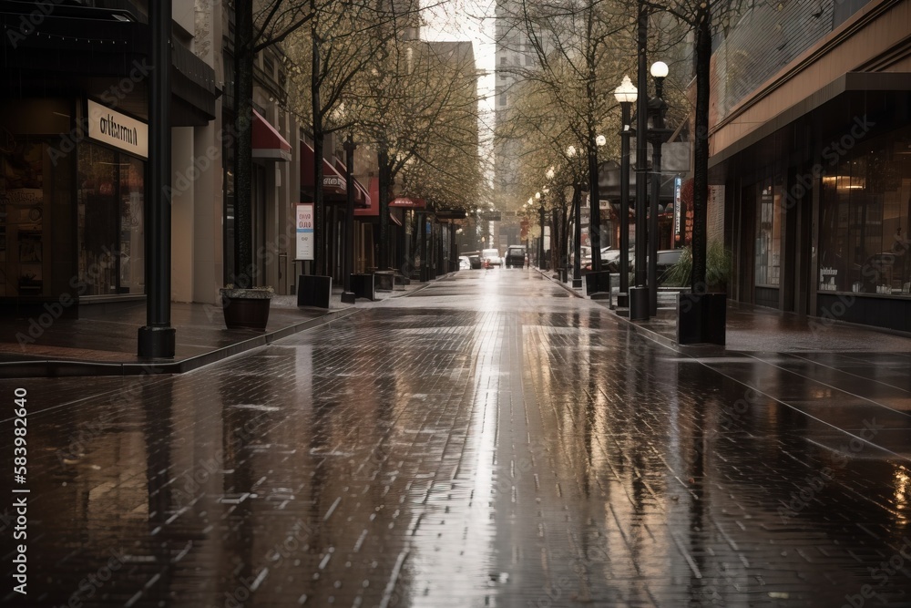  a city street with a wet sidewalk and trees on both sides.  generative ai