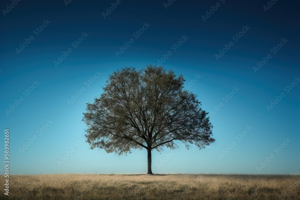 a lone tree in a field with a blue sky in the background. generative ai a lone tree in a field with a blue sky in the background. generative ai