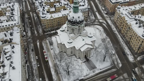 Aerial video of Stockholm, Sweden, Gustaf Vasa Odenplan church photo