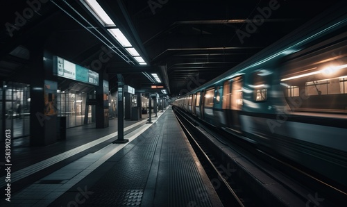 a train traveling down train tracks next to a train station.  generative ai photo