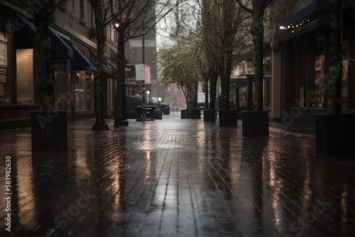  a city street with a wet sidewalk and trees on both sides. generative ai