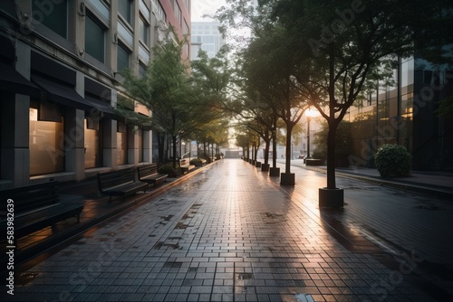  a city street with benches and trees on both sides of it. generative ai