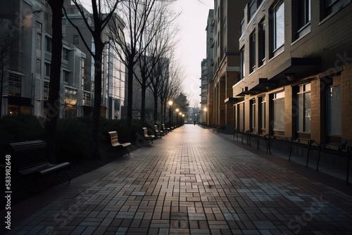  a street with benches and trees on both sides of it. generative ai