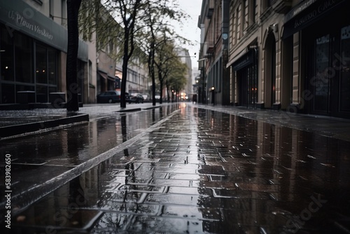 a wet street with buildings and trees on the side of it.  generative ai