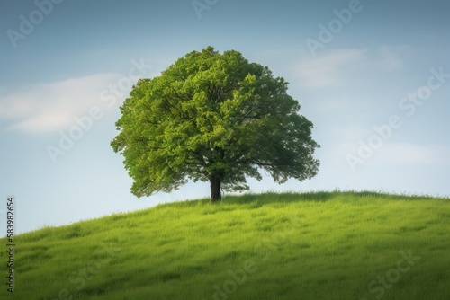  a lone tree on a grassy hill under a blue sky. generative ai