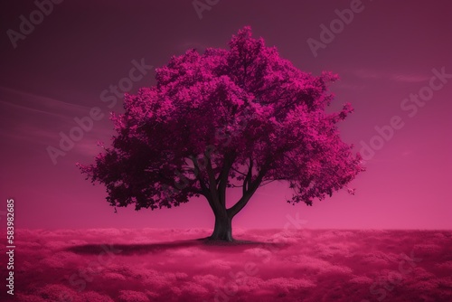  a tree in the middle of a field with a pink sky in the background.  generative ai © Nadia