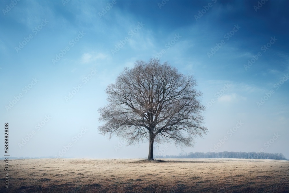 a lone tree in a field with a blue sky in the background. generative ai a lone tree in a field with a blue sky in the background. generative ai