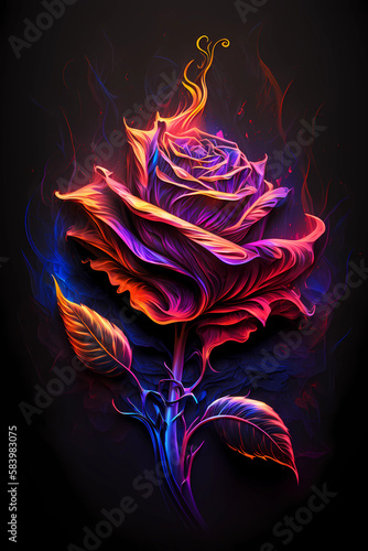 Beautiful rose painted with colorful neon watercolors on black background