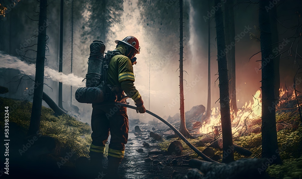 A firefighter holding hose and extinguishing forest fire in the forest created with Generative AI Technology.