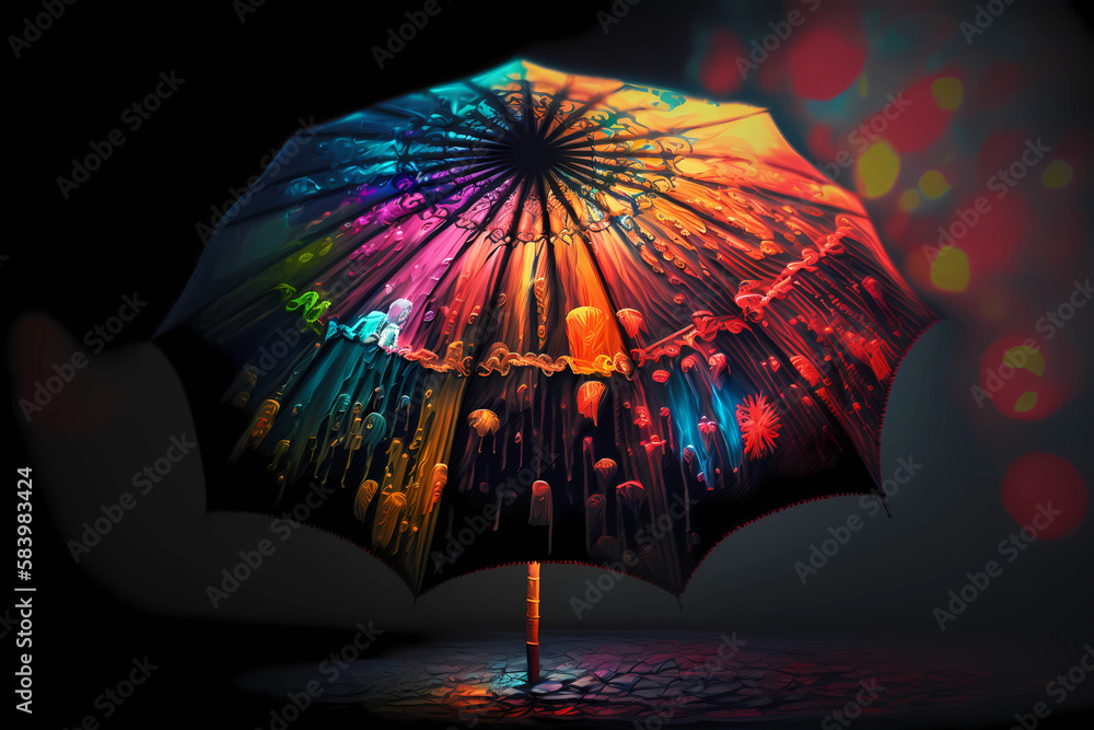 An abstract design of umbrella painted with colorful watercolors on black background
