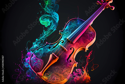 Abstract violin painted with neon watercolor