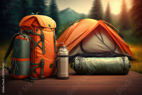 backpaking travel equipment, camping, touristic tent colofrull illustation holiday, vacation