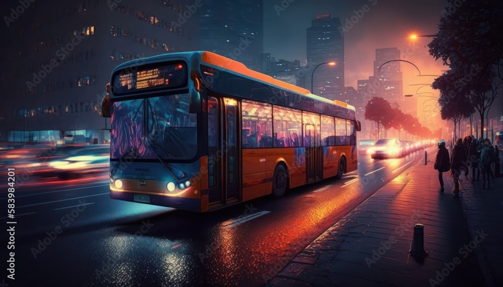 Public transportation bus in urban surroundings, generative ai