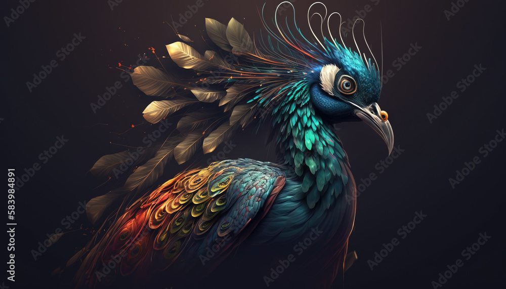 Fototapeta Peacock abstract wallpaper. Contrast background Peafowl in vivid colors generative ai