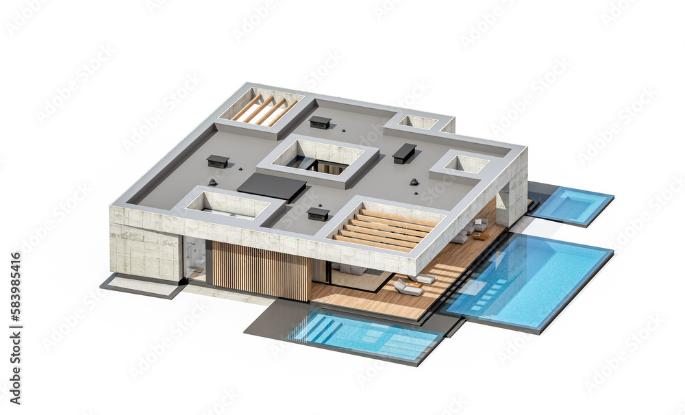 Fototapeta premium 3d rendering of new concrete house in modern style with pool and parking for sale or rent only one floor in evening. Isolated on white