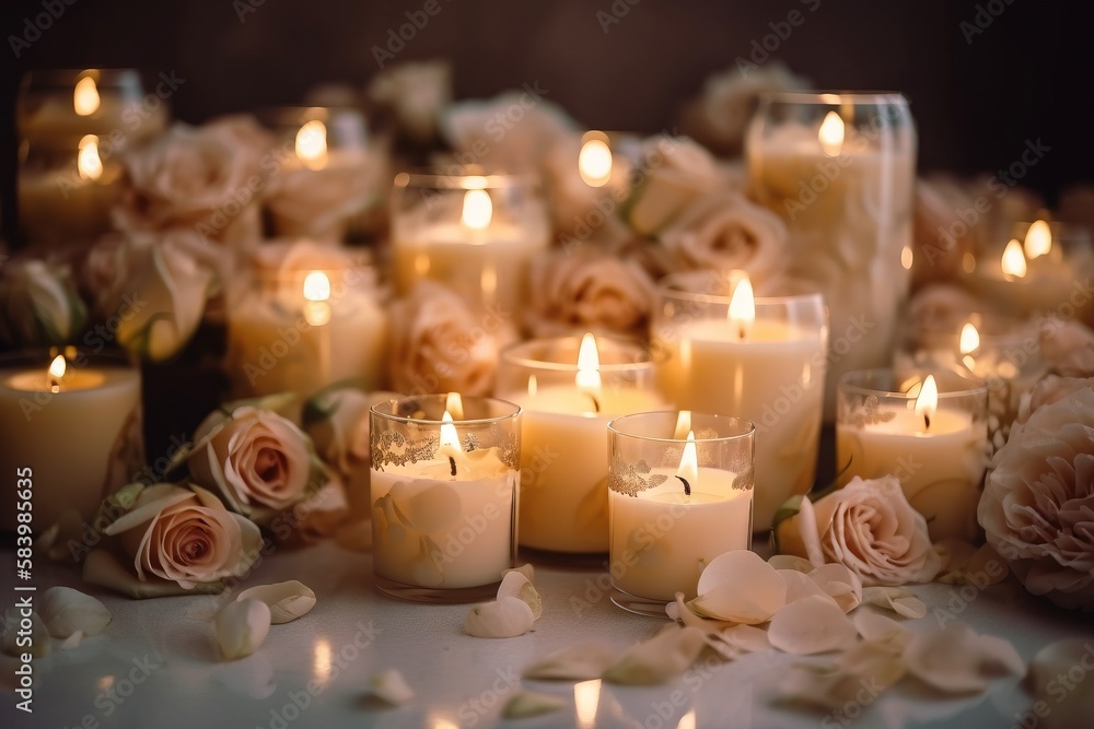 a table topped with lots of white candles and flowers on top of it. generative ai a table topped with lots of white candles and flowers on top of it. generative ai
