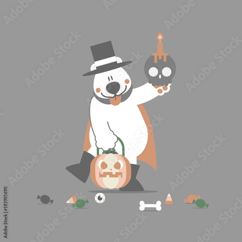 happy halloween with polar bear, skull, pumpkin and sweet candy, flat vector illustration cartoon character design