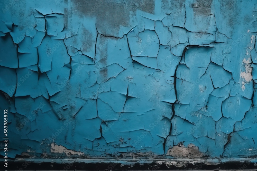  a blue wall with peeling paint and a fire hydrant.  generative ai